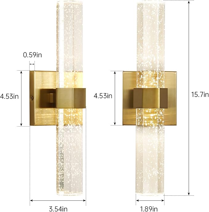 Wall Sconces Set of Two - Gold Sconces Wall Lighting 14W Dimmable LED Crystal Bathroom Light Fixture with Bubble Glass 15.7inch Indoor Vanity Lights for Bathroom Hallway Bedroom (2 Pack)