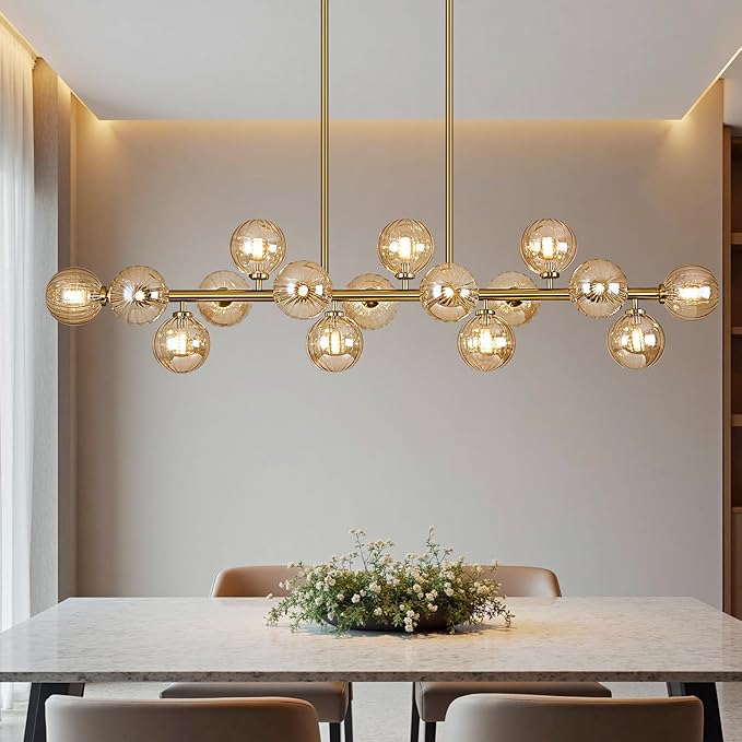 55" Long Brass Gold Chandeliers for Dining Room Kitchen Island, Large Globe Sputnik Linear Chandelier, 16 Lights Mid Century Modern Light Fixture Over Table, Amber Bubble, GC-08