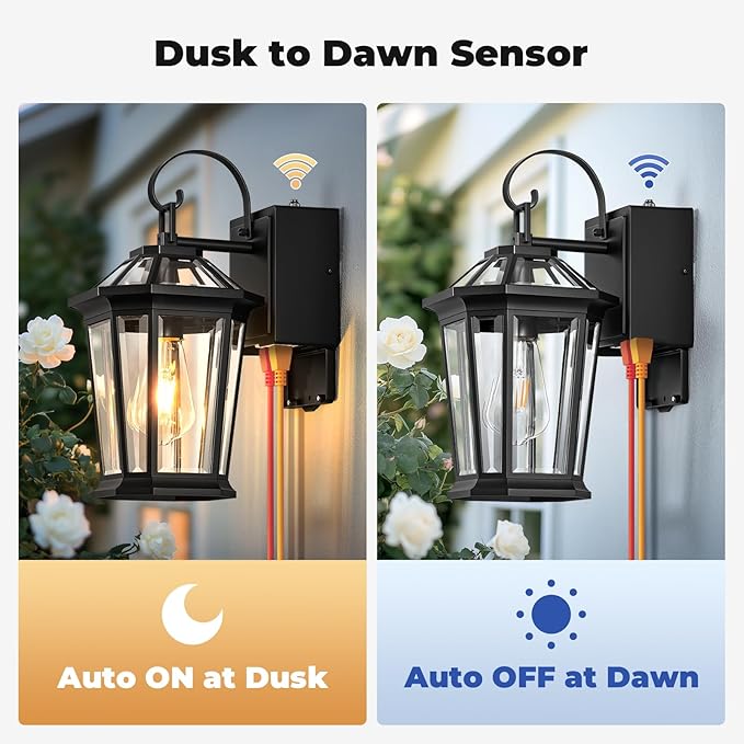 Black Dusk to Dawn Outdoor Light with GFCI Outlet, Modern Porch Lights Outdoor with Tempered Glass, Waterproof Anti-Rust Exterior Lighting Fixtures, Outside Wall Lights for Front Door,Garage,Backyard