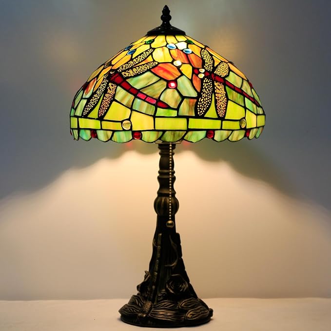 Tiffany Table Lamp Stained Glass Lamp 12X12X19 Inch Antique Reading Light (Green Red Dragonfly)