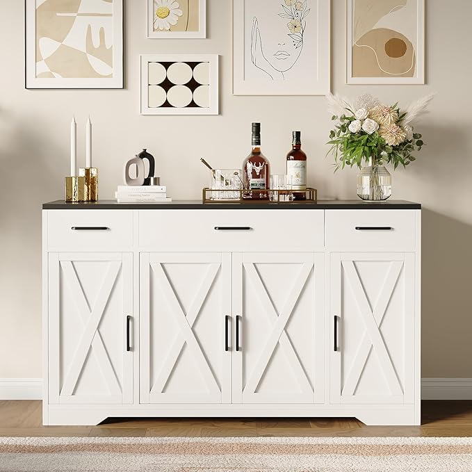 GAOMON Buffet Cabinet with Drawers, 55inch Wood Coffee Bar Large Sideboard Buffet Storage Cabinet with Shelves and Doors for Kitchen Dining Living Room, White/Black