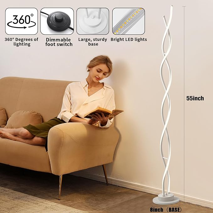 Floor Lamp, LED Modern Floor Lamps for Living Room, 2500LM-40W Lamp for Living Room 3Color Remote Dimmable Standing Lamp, 55" Spiral White Floor Lamp for Living Room Bedroom Office