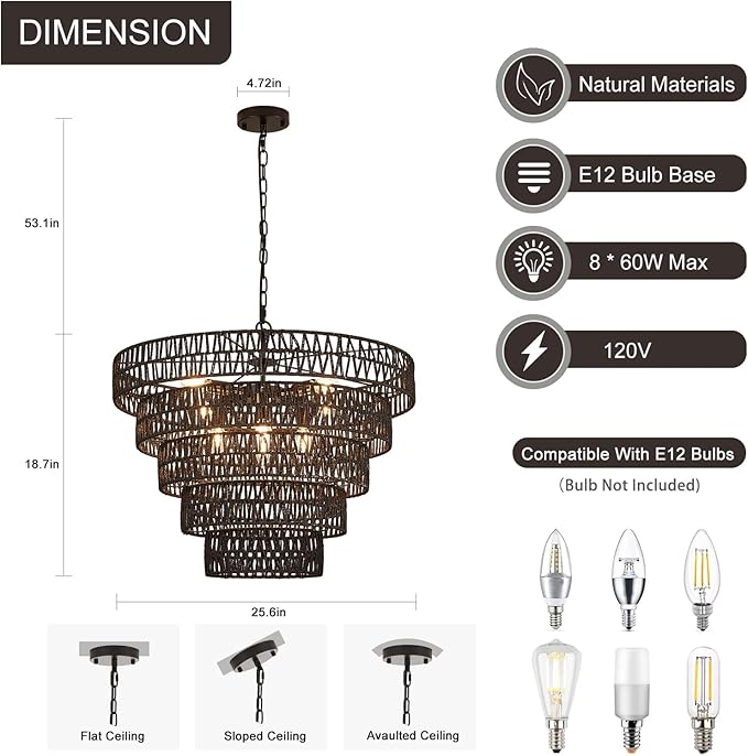 25.6” Black Hand-Woven Rattan Chandelier Vintage Farmhouse 8-Lights Boho Large Bamboo Chandelier Light Fixture Retro 5-Tier Drum Wicker Chandeliers for Dining Room, Kitchen, Bedroom, E12
