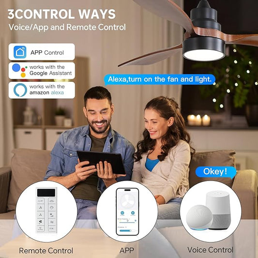 CACI Mall 48 inch Ceiling Fans with Lights, Smart Indoor/Outdoor Ceiling Fan, Remote Control, Compatible with Alexa/Google, Small 3 Blade Solid Wood Ceiling Fans for Bedroom Patio