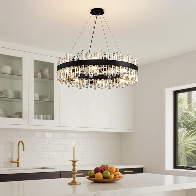 CROSSIO Modern Crystal Chandelier 16-Light Black Round 2 Tiers Raindrop Chandelier for Dining Room Luxury Large Flush Mount Ceiling Light for Living Room Entryway Foyer Bedroom D31.5''