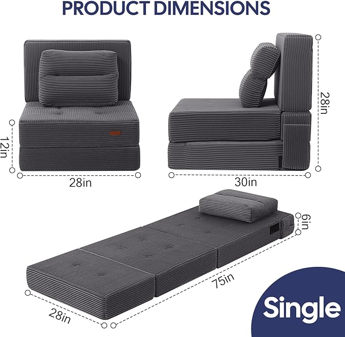 COMAX Folding Sofa Bed, Foldable Couch for Bedroom, Convertible Floor Sleeper Futon Chair Foam, Corduroy 3 in 1 Fold Out Chair Portable Comfy Lounge Couch Sofa Bed for Small Space, Single, Grey
