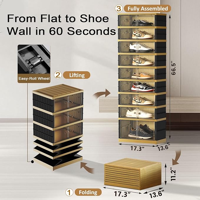 Portable Shoe Rack Organizer 9 Tiers 18 Pairs Collapsible Shoe Cabinet Foldable Shoe Storage Boxes Magnetic Doors, Folding Sneaker Organizer, Easy Assembly Shoe Shelf for Closet, Black Gold