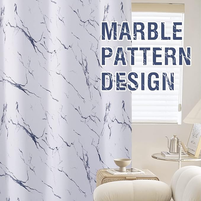 H.VERSAILTEX 100% Blackout Curtains 96 inch Length 2 Panels Set Marble Designs Printed Drapes Thermal Curtains for Bedroom with Black Liner Sound Proof Curtains, Dark Blue