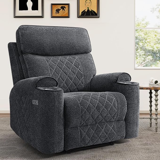 HAOMARKETS Power Recliner Chair for Adults with USB Port, Soft Fabric Electric Recliners with Metal Cup Holders, Single Overstuffed Heavy Duty Reclining Sofa Chairs for Living Room, Dark Grey