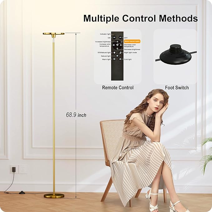Dimmable Floor Lamp with Remote，Floor Lamps for Living Room Bedroom Office，Adjustable Brightness (10%-100%) and Color Temperature (3000k- 6000k)，Standing Lamp Tall Lamp with Foot Switch (Gold)