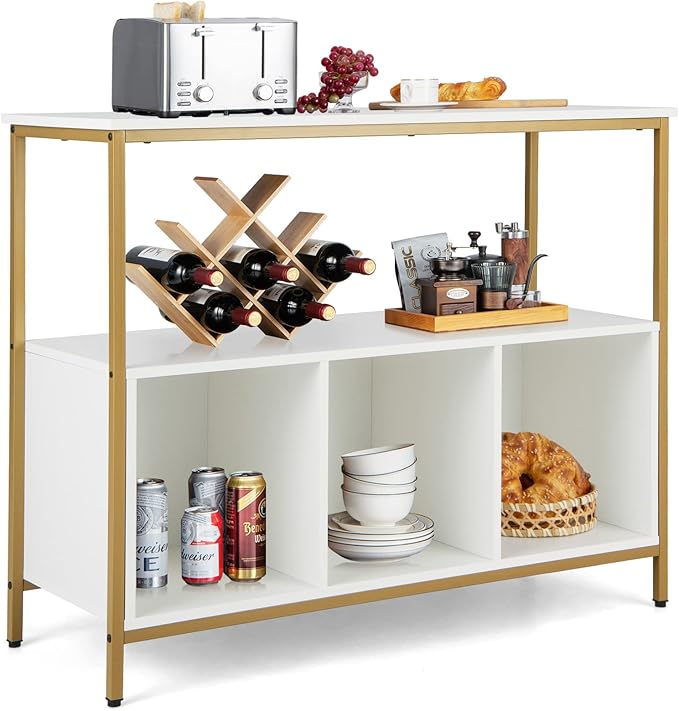 Giantex Buffet Sideboard, Wooden Cupboard, Kitchen Pantry w/Spacious Countertop, Large Open Shelf, 3 Cube Storage Cabinet, Sturdy Rustproof Steel Frame, Modern Stationary Island, White & Golden
