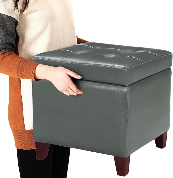 Adeco 18" Square Storage Ottoman with Hinged Lid, Waterproof Faux Leather Tufted Footstool, Sturdy Cube Seat for Living Room, Bedroom & Entryway, Supports 250lbs, Cement Grey