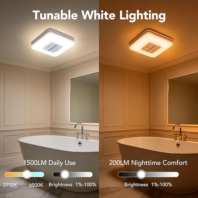 OREiN Matter Smart Bathroom Fan with Light – Humidity Sensor & Dual Bluetooth Speakers, 130–160 CFM Ventilation, Ultra-Quiet 1.0 Sone, Tunable White & Custom RGB, Works with Alexa & Google Home