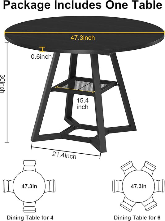 Round Dining Table for 4, Kitchen Tables Dining Room Circle Dinner Table with Pedestal Metal Frame, Space Saving Wood Industrial Kitchen & Dining Room Tables, Black 47In