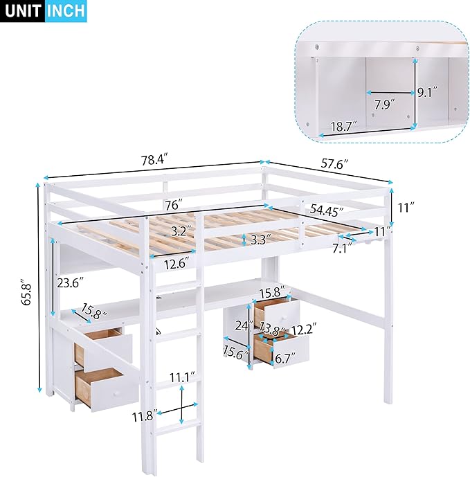 Full Size Loft Bed with Desk, Storage Cabinets, Drawers and Bedside Tray, Multifunctional Full Beds with Plug Outlets & 2 USB Port, White