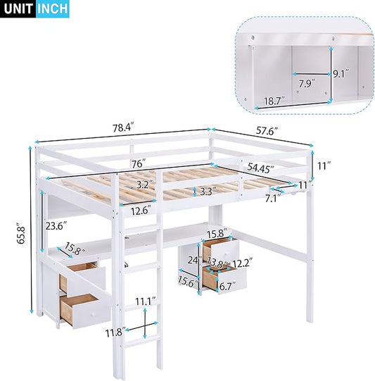 Full Size Loft Bed with Desk, Storage Cabinets, Drawers and Bedside Tray, Multifunctional Full Beds with Plug Outlets & 2 USB Port, White