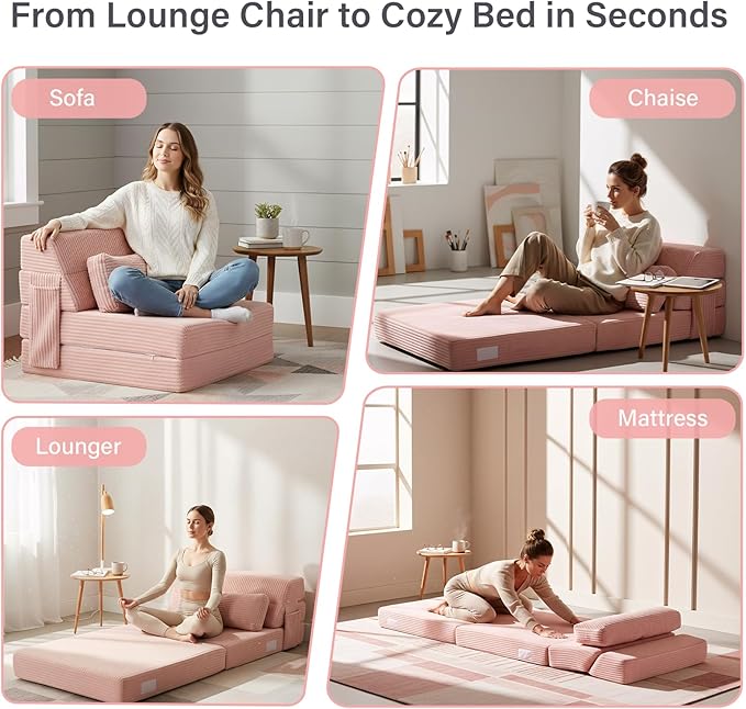 Folding Sofa Bed with Pillow, Convertible Sleeper Chair, Comfy Floor Futon Couch Mattress Lounge Sofa for Adults Portable Fold Out Chair Bed for Living Room Bedroom, Single, Pink
