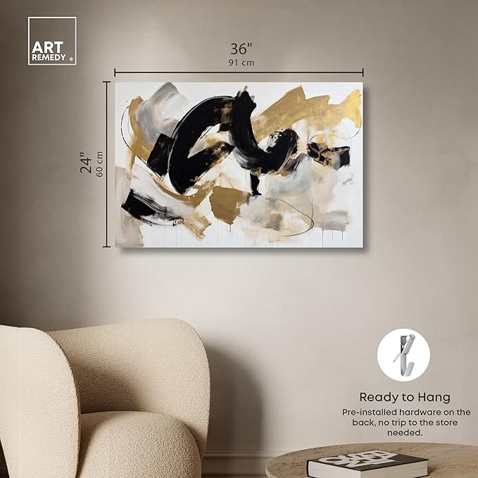 Art Remedy Moved Abstraction Canvas Modern Black White Abstract Wall Art, Gallery Wrapped, 36" x 24"