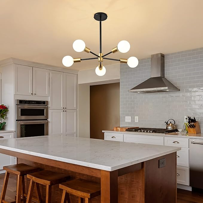Modern Sputnik Light Fixture,Semi Flush Mount Ceiling Light Black and Gold Mid Century Chandeliers for Bedroom,Dining Room,Kitchen Island,Living Room,Bedroom,Farmhouse