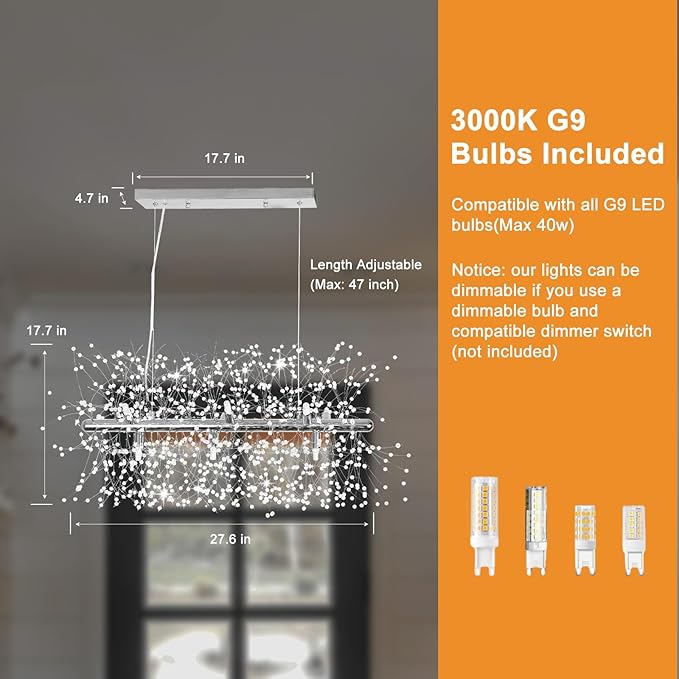 Depuley 27.5" Modern Silver Crystal Firework Chandelier, 9-Light Crystal Light Fixture Hanging, Linear Dandelion Chandelier, Sputnik Ceiling Pendant Light Fixtures for Dining Room(G9 Bulbs Included)