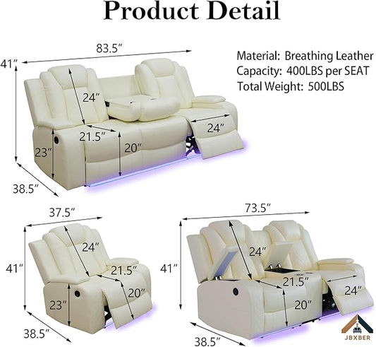 Power Recliner Sofa Sets for Living Room, Leather Recliner Sofa Set with LED Light, Console Storage, Cup Holder for Home Theater Seating(Sofa and Loveseat,Cream)