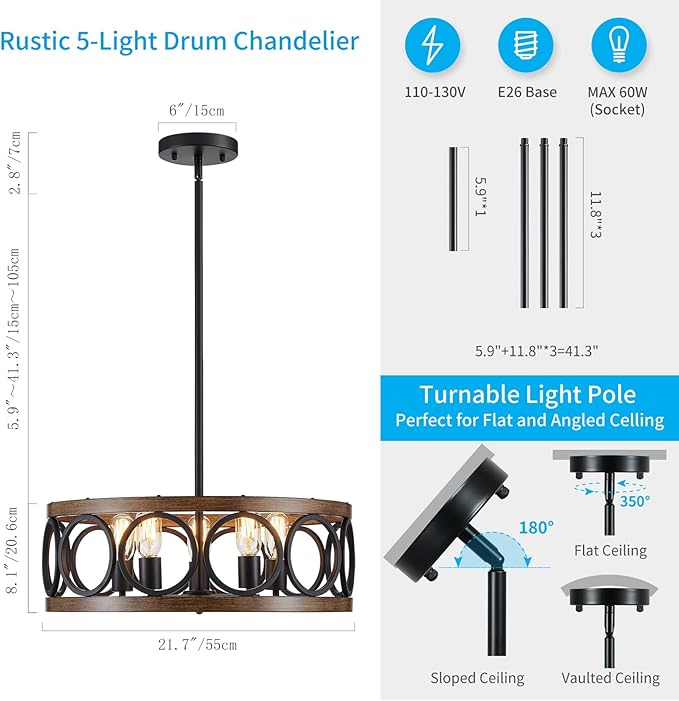 XINGQI Modern Farmhouse Chandelier 5 Lights Black Wood Grain Dining Room Pendant Lighting Fixture 21.7" Drum Chandelier for Living Room Entryway Bedroom