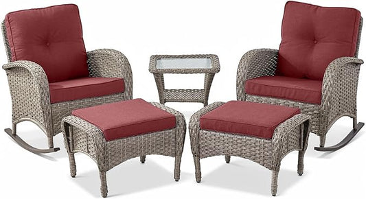 Belord 5 Piece Patio Rocking Chairs Furniture Set - Outdoor Wicker Furniture with Ottomans and Side Table, Rattan Conversation Bistro Set for Porch Balcony Backyard