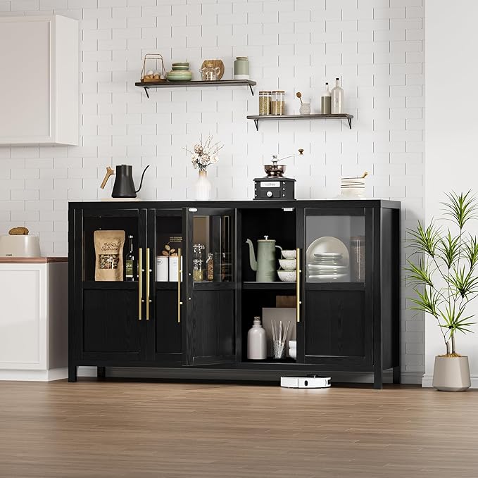 GarveeHome Sideboard Buffet Cabinet with 4 Glass Doors, 55 in Buffet Table Coffee Bar Wine Bar Display Cabinet for Kitchen Dining Room, Living Room (Glass with 4 Doors, Dark)