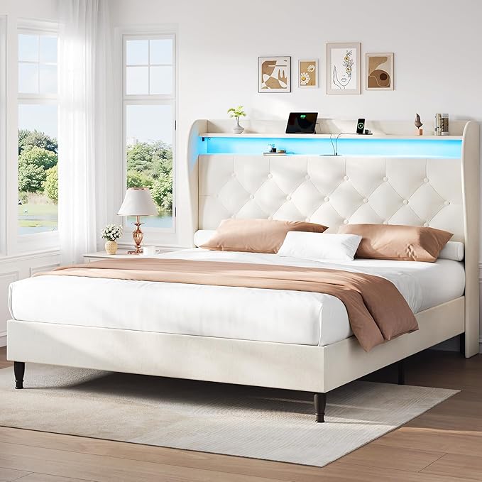 King Size Bed Frame with Tall Headboard, Velvet Upholstered Platform Bed with LED Lights & Charging Station, 52.7"-55" Adjustable/Modern Tufted Wingback Storage Headboard, No Box Spring Needed, Cream