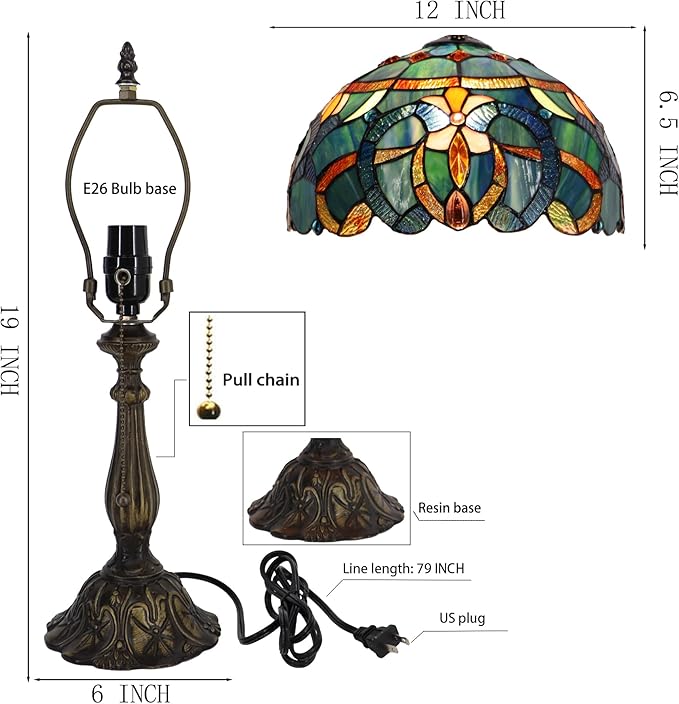 Tiffany Lamp Table Lamp Bedside Reading Light W12H19 Inches (Blue Baroque Style)