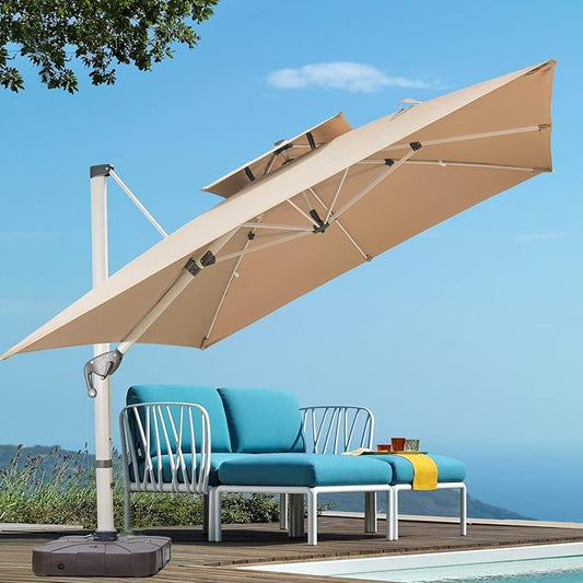 Cantilever Patio Umbrella with Cross Base and Cover Included - 360° Rotation Large Heavy Duty Offset Outdoor Umbrella with Easy Tilt for Pool Backyard Deck Garden (10x10 FT Khaki)