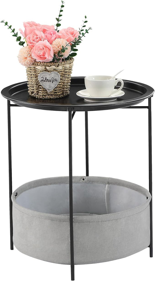 VECELO Round Side/End Table with Fabric Storage Basket，Metal Anti-Rust and Waterproof Small Bedside Nightstand with Removable Tray Top for Living Room，Balcony & Laundry，Black /1pcs with Basket