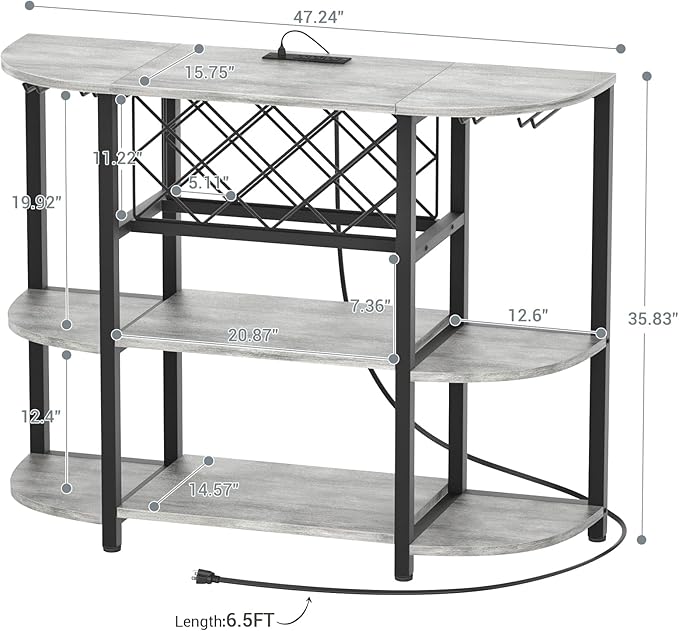 Unikito 4-Tier Metal Coffee Bar Cabinet with Outlet and LED Light, Freestanding Floor Table for Liquor Glass Holder Wine Rack Storage, Bakers Kitchen Dining Room, White Oak