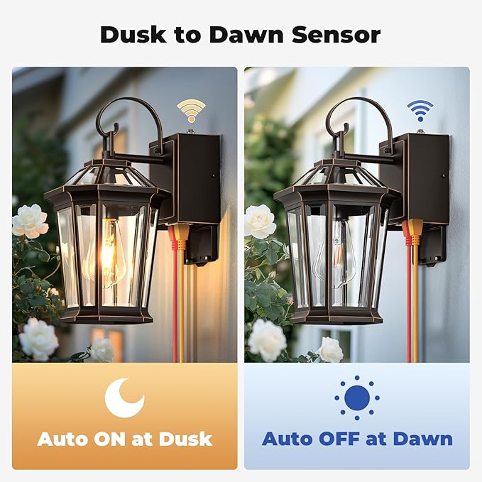Gleamz Porch Lights Outdoor with GFCI Outlet, ORB Dusk to Dawn Outdoor Lighting with Gold Trim, Exterior Light Fixtures for House, Garden, Patio, E26 Base, 100% Aluminum Waterproof and Anti-Rust