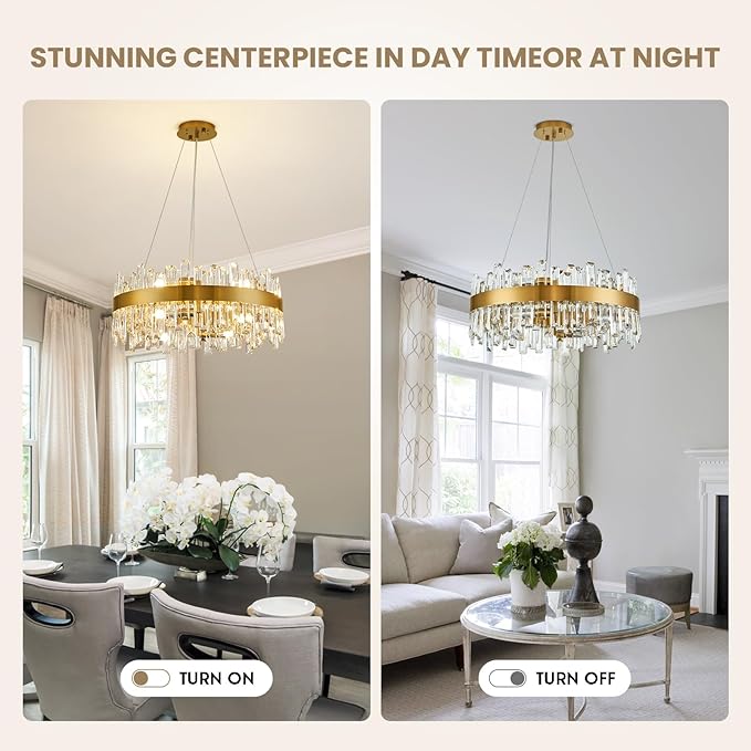 CROSSIO Modern Crystal Chandelier for Dining Room, 12-Light Luxury Gold Flush Mount Crystal Ceiling Light 2-Tiers K9 Crystal Raindrop Chandelier for Living Room Kitchen Entryway Foyer D23.6''
