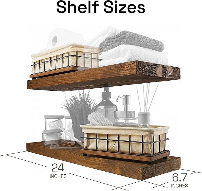 BAOBAB WORKSHOP Bundle - 2 Items: Wood and Wire Baskets with Floating Shelves for Bathroom Decor, Toilet Paper Storage, Living Room Bedroom and Kitchen