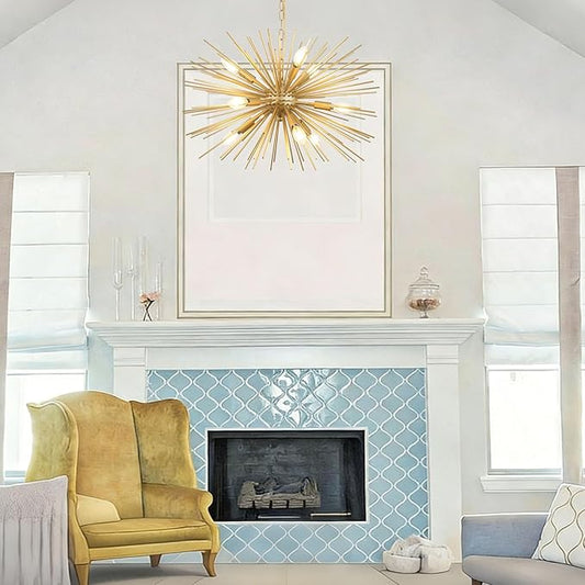24" Modern Golden Sputnik Chandelier 9-Lights Mid-Century Modern Luxury Starburst Chandelier Gold Solid Metal Satellite Sputnik Chandeliers for Dining Room, Kitchen, Bedroom, Living Room