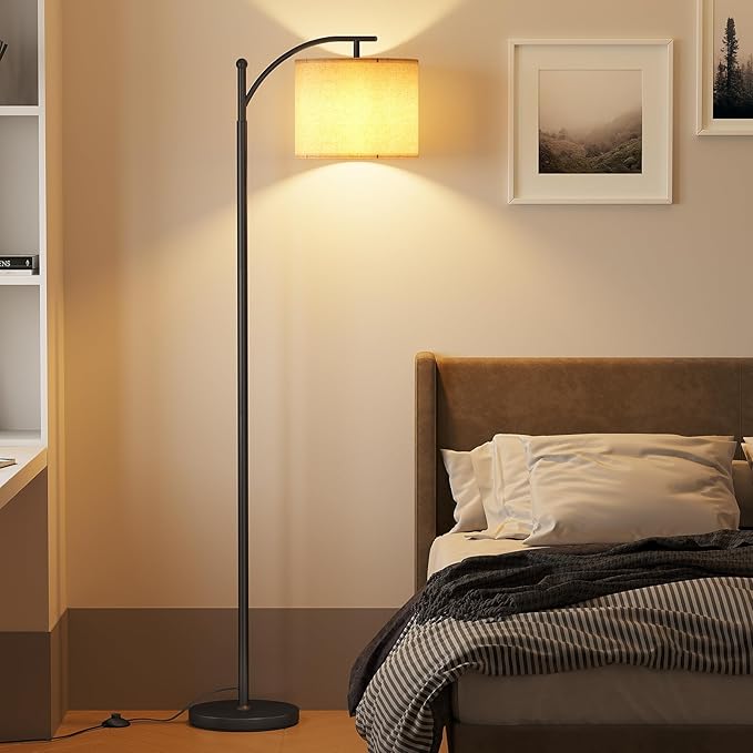 SUNMORY Arc Floor Lamp,Modern Floor Lamp with 9W 3 Color Temperatures Bulb,Metal Standing Lamps with Adjustable Hanging Lampshade,Tall Floor Lamps for Living Room,Bedroom,Office (Black)