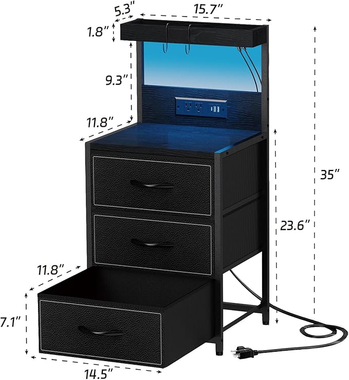 LED Nightstand with Charging Station, Night Stand with 3 Drawers and Lights, Storage Side Table with Shelf and Hooks, Tall End Table for Bedside, Bedroom, Modern Black