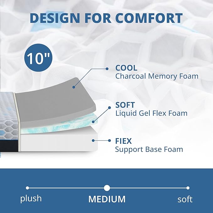 EGOHOME 10 Inch Twin Mattress, Charcoal Gel Cooling Memory Foam Mattress in a Box, Medium Fiberglass Free, CertiPUR-US Certified, Hexagonal Pattern