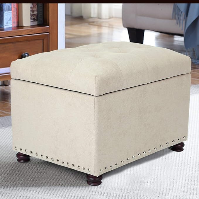 Adeco Classy Cotton Mix Fabric Accents Rectangular Storage Bench Footstool Ottomans & Storage Ottomans, White