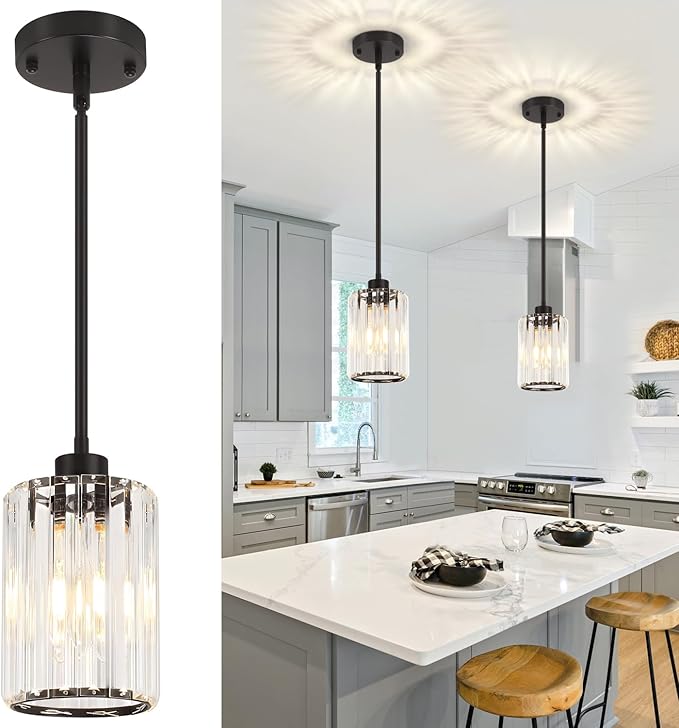 2 Pack Black Pendant Light, Modern Crystal Pendant Lights Kitchen Island Lighting, Hanging Light Fixtures Mini Chandelier Pendant Lights for Island Dining Room Hallway Bedroom