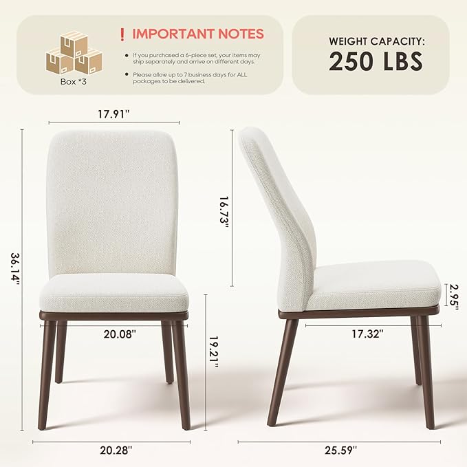 Upholstered Kitchen Chairs Set of 6, Modern Kitchen Chairs with High Back, Padded Fabric Dining Room Chair with Solid Wood Legs for Restaurant/Cafe/Home, Beige
