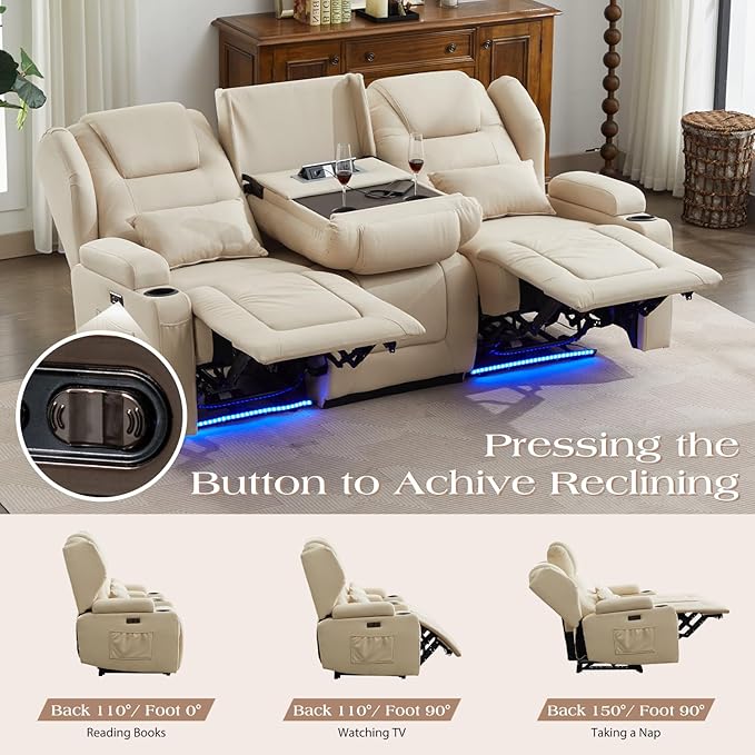 Oprisen 3-Seater Power Recliner Sofa Couch Flip Middle Backrest Reclining Sofa Chair for Living Room with Charging Station/Cup Holders/LED Ambient Light