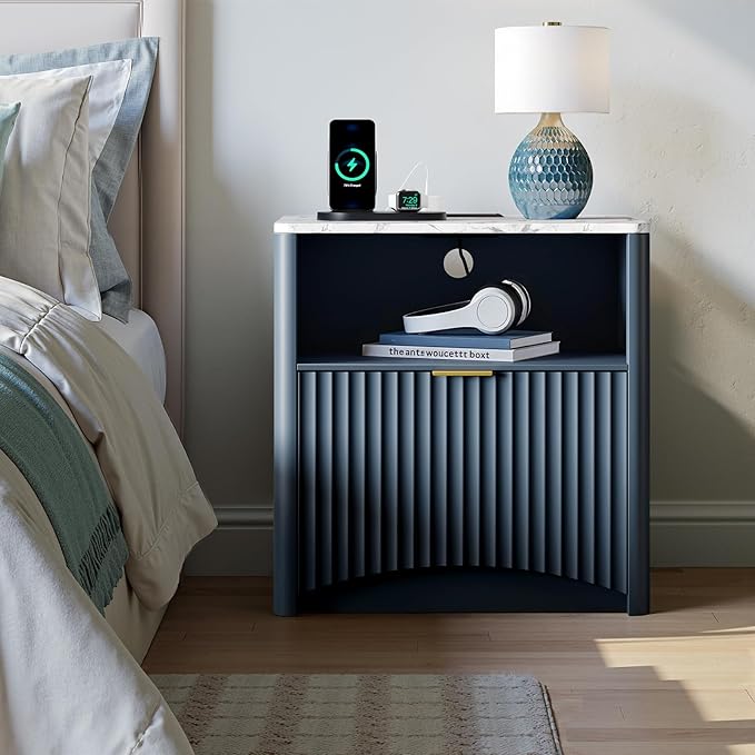 Evermagin Fluted Nightstand Set of 2 with Charging Station, Navy Blue Bedside Table with Drawer and Storage, Wood End Table Mid Century Modern, Large Night Stand for Bedroom