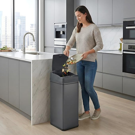 iTouchless 13 Gallon Smart Bin with Odor Filter, 50L Touchless Stainless Steel Kitchen Trash Can, Automatic Motion Lid, Fingerprint-Proof, Hands-Free Pet-Safe Lock & Soft-Close, Modern Gunmetal Gray