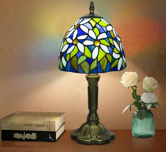 Crefotu Tiffany Style Table Lamp, 3 Color Temperatures Bedside Lamp, 8 Inch Stained Glass Desk Light for Home Office Bedroom Living Room (White Petal Pattern)