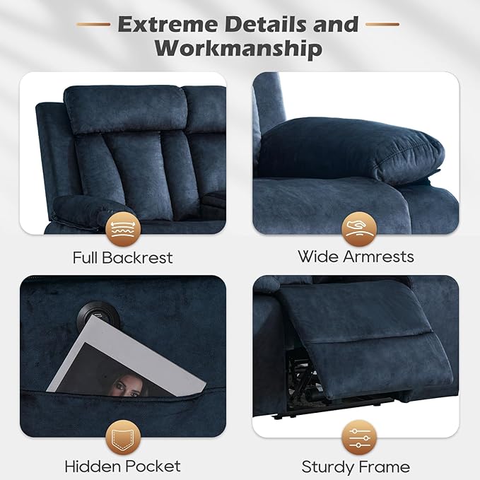 Power Reclining Loveseat with Console, Power Loveseat Recliner Sofa with Heat and Massage, Wall Hugger Loveseat Recliner with Dual Ports, Cup Holders for Living Room, RV Sofa (Blue, Loveseat)