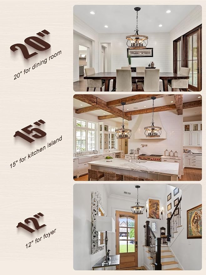 12 Inch Farmhouse Chandelier Light Fixture, 3-Light French Country Rustic Chandeliers Drum Hanging Pendant Lighting Over Table for Kitchen, Island, Dining, Room, Entryway, Foyer