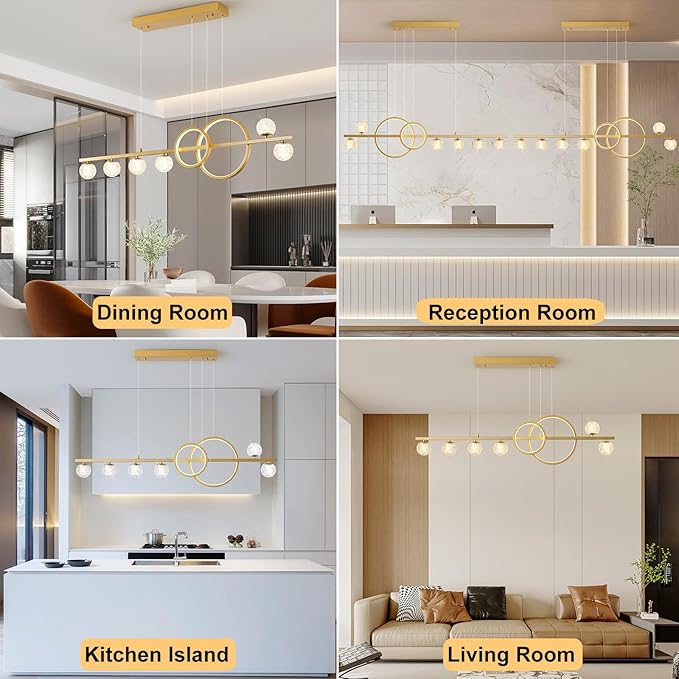 Modern Gold Chandeliers for Dining Room, 47in Dimmable LED Chandelier Linear Gold Pendant Light for Kitchen Island, Upgraded 6 Globe Hanging Pendant Chandelier Lighting (2 Rings, 4200lm)